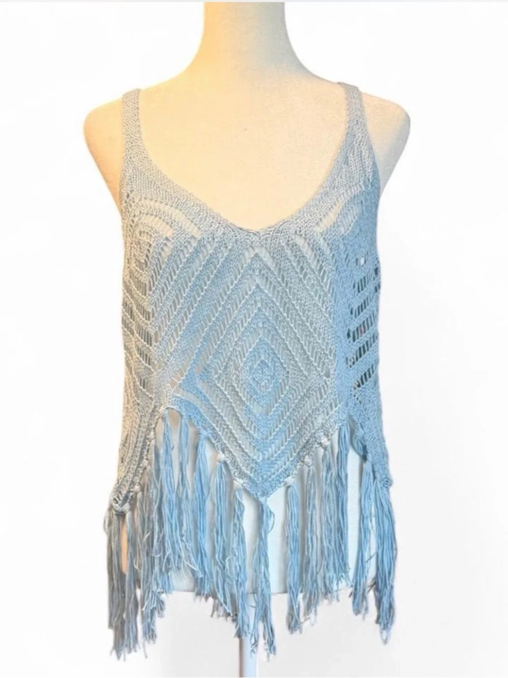 Y2K Baby Blue Crochet Fringe Tank Top Festival Fairy Boho - Picture 1 of 6